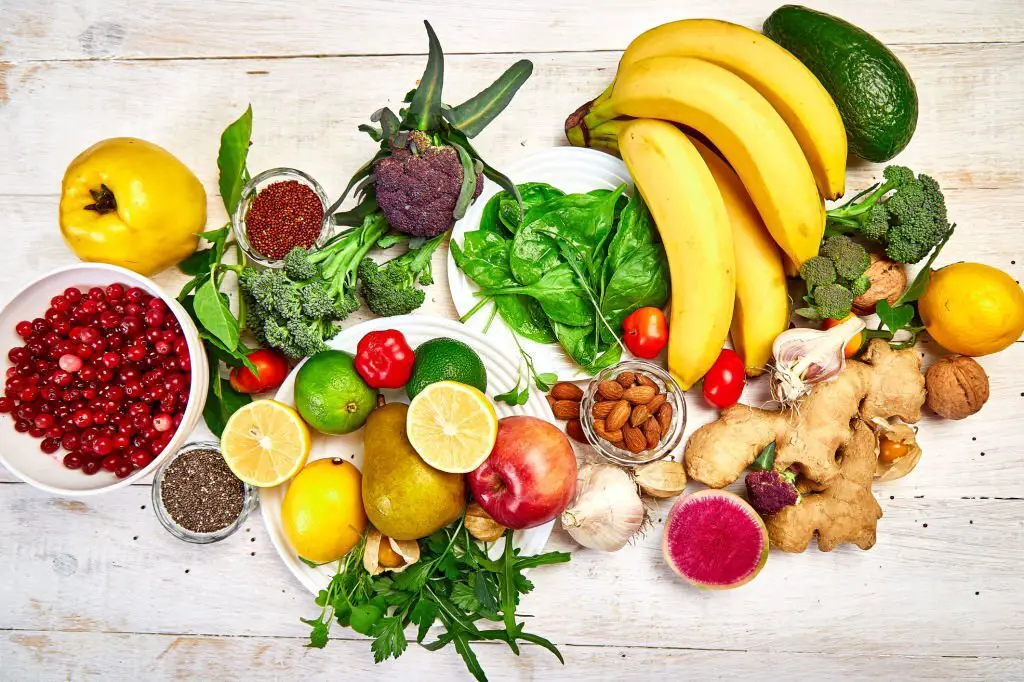 Different colorful fruits and fresh vegetables are full of antioxidants